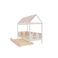 lit cabane lit gigogne 90x190cm avec auvent et dossier rose