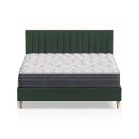 ensemble lit adulte 140x190 cm en velours vert avec tête de lit matelassée eliot + matelas mémoire de forme memo hr