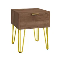 table de chevet table de nuit avec tiroir table d'appoint - pieds en épingle à cheveux acier doré - dim. 39,5l x 41l x 49h cm marron