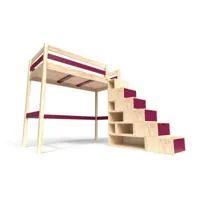 lit mezzanine bois avec escalier cube sylvia 90x200 vernis naturel/prune cube90-vpr