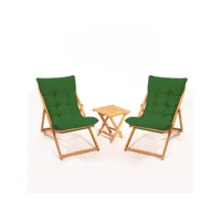 ensemble 2 chaise de jardin et 1 table basse purrault bois massif clair et tissu vert