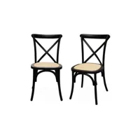 lot de 2 chaises de bistrot en bois d'hévéa noir. vintage. assise en rotin. empilables