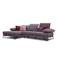 canapé d'angle gauche 4 places en tissu violet avec coussins déco