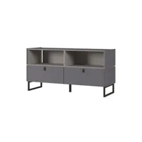 meuble tv avec deux tiroirs et niches de rangement gris graphite et pierre observer 759