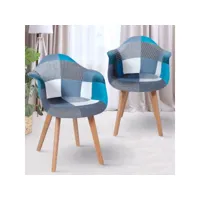 lot de 2 chaises de salle à manger scandinaves sara motifs patchworks bleus