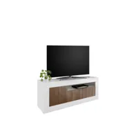 subleem meuble tv 138 cm bronte blanc laqué brillant et noyer foncé