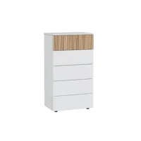 chiffonnier, meuble de rangement  avec 5 tiroirs coloris blanc artic, naturel  - longueur 61 x hauteur 109 x profondeur 40 cm
