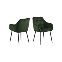 lot de 2 chaises de salle à manger avec accoudoirs effet velours - vert sapin et noir