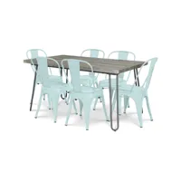 pack table à manger - design industriel 150cm + pack de 6 chaises à manger - design industriel - hairpin stylix vert pâle