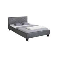 lit double pour adulte josy avec sommier 140x190 cm 2 places, tête et pied de lit capitonnés avec strass, en synthétique gris