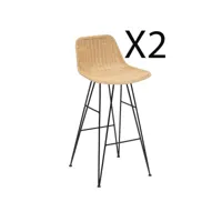 lot de 2 chaises de bar en bois de rotin coloris beige et pieds en métal coloris noir - longueur 43 x profondeur 43 x hauteur 90  cm