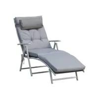 bain de soleil pliable transat inclinable 7 positions chaise longue grand confort avec matelas + accoudoirs métal époxy textilène polyester gris