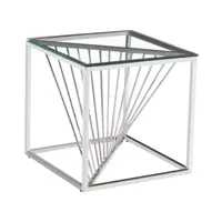 table d'appoint design en acier inoxydable poli argenté et plateau en verre trempé transparent l. 55 x p. 55 x h. 55 cm collection bolzano viv-95800