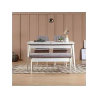 set table extensible 2 chaises et banquette malva bois blanc et tissu gris
