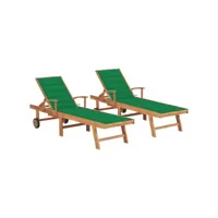 lot de 2 transats chaise longue bain de soleil lit de jardin terrasse meuble d'extérieur avec coussin vert bois de teck solide helloshop26 02_0012038