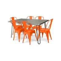 pack table à manger - design industriel 150cm + pack de 6 chaises à manger - design industriel - hairpin stylix orange