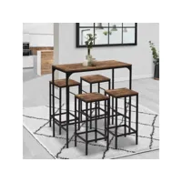 table haute de bar dayton 100 cm et 4 tabourets bois foncé effet vieilli et noir design industriel