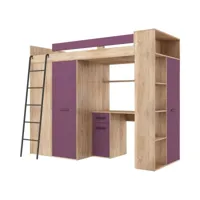 lit mezzanine 90x200cm avec échelle placard, bureau, bibliothèque et beaucoup d'étagéres vena l sonoma/violet
