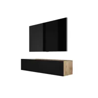 meuble tv suspendu, d: l: 140 cm, h : 34 cm, p : 32 cm, chêne wotan noir. rangement tv, meuble tv mural, table tv, meuble television