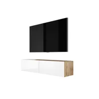 meuble tv suspendu, d: l: 140 cm, h : 34 cm, p : 32 cm, chêne wotan blanc brillant. rangement tv, meuble tv mural, table tv, meuble television