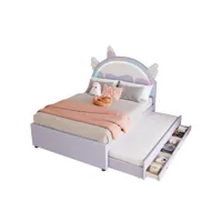 lit enfant lit gigogne 140 x 200 cm, forme licorne avec 3 tiroirs, matière pu, violet