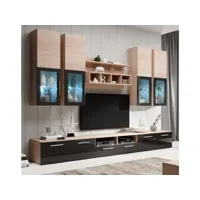ensemble meuble tv vitrines étagère led  300cm  sonoma et noir finition brillante  modèle acosta msam059sobl
