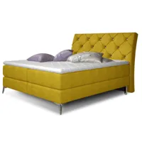 lit design continental avec tête de lit capitonnée strass tissu jaune olive banky-couchage 140x200 cm