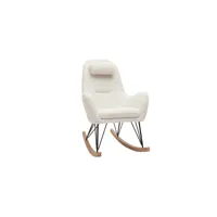 rocking chair scandinave en tissu effet peau de mouton blanc, métal noir et bois clair mania