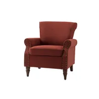 fauteuil modern wingback avec pieds en bois coussin déhoussable et bordure de clous chaise de salon tapissée confortable chaise sofa simple pour salon chambre à coucher, rouge