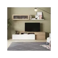 meuble tv modulable en angle blanc-chêne - xuns - banc tv : l 200 x l 41 x h 44 cm; module supérieur : l 105 x l 32 x h 32 cm ; etagère : l 95 x l 21 x h 3 cm