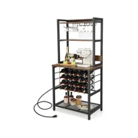 giantex casier à vin autoportant, porte-bouteille avec comptoir spacieux et 3 étagères de rangement, grande capacité de 9 verres et 24 bouteilles, station de charge intégrée, 162,5x48x76cm, café