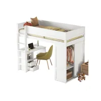 lit mezzanine enfant 90 x 200cm avec armoire, bureau, étagères et 2 tiroirs blanc