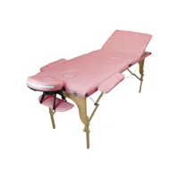 table de massage pliante 3 zones en bois avec panneau reiki + accessoires et housse de transport - rose pastel