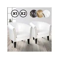 miadomodo® fauteuil chesterfield - lot de 2, en simili cuir et bois, avec éléments décoratifs en cuivre, 58 x 71 x 70 cm, blanc - chaise, cabriolet, meuble de salon