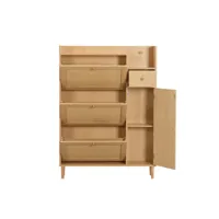 meuble à chaussures en bois et rotin - 3 portes abattants et 1 tiroir - étagère réglable - naturel