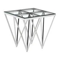 table d'appoint design en acier inoxydable poli argenté et plateau en verre trempé transparent  l. 55 x p. 55 x h. 52 cm collection verona viv-95792