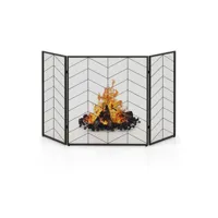 giantex pare feu cheminée pliable 3 panneaux en fer, écran de cheminée pare-étincelles pliable pour décoration de salon, grille de protection pour cheminée autoportante (arbre noir, 132x79cm)