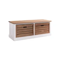 banc de rangement cornelia meuble bas coffre avec 2 caisses, en bois de paulownia blanc et brun style maison de campagne