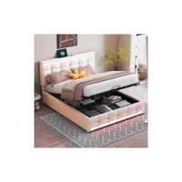lit adulte coffre double 140 x 200 cm avec tête de lit réglable, sommier à lattes en bois et chargement usb, lin, beige