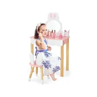 costway ensemble de coiffeuse et tabouret enfant avec miroir amovible en forme de lapin, table de maquillage enfant avec tiroir et 2 boîtes de rangement,chambre d’enfant, 60x34x103,5cm, rose