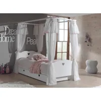 lit à baldaquin gigogne 90x200 cm avec voile bois laqué blanc cœur
