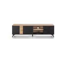 meuble tv 2 portes 2 tiroirs effet bois noir et bois naturel 180 cm - zack