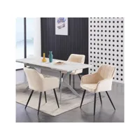 table à manger extensible effet marbre + 4 chaises de salle à manger en velours capitonnées beiges - style design & contemporain