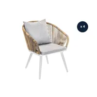 lot de 4 fauteuil de jardin en résine tressée structure alu blanc + coussin chiné gris-beige maldives - jardiline
