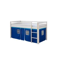 lit mezzanine 90x200cm avec échelle en bois laqué blanc et toile bleu incluse lit06011