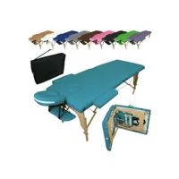 table de massage pliante 2 zones en bois avec panneau reiki + accessoires et housse de transport - bleu turquoise egk392
