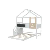 lit cabane lit 200x90 cm lit familial lit bébé avec escalier et fenêtre cadre à lattes escalier avec 3 tiroirs blanc