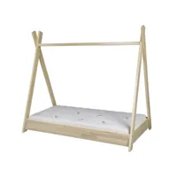 lit pour enfant maison 2-en-1 avec tente cabane en bois naturel (160x80 cm) avec matelas : aventures ludiques et repos douillet - bois