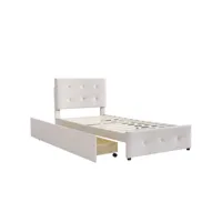 lit capitonne 90 x 200 cm - avec 2 tiroirs, sommier à lattes et tête de lit relevable, tissu velours, style scandinave - beige