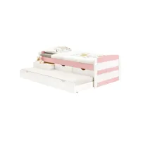lit gigogne jessy lit enfant fonctionnel avec tiroir-lit et rangement 3 tiroirs, couchage 90x190 cm, en pin massif lasuré blanc/rose